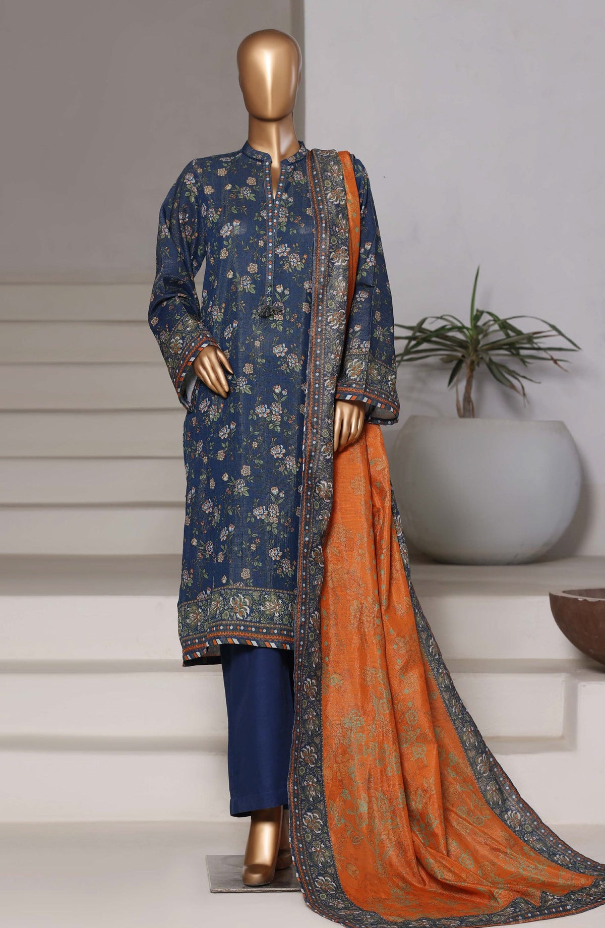 3-PC Stitched Printed Khaddar With Shimmer By Sadabahar | Blue