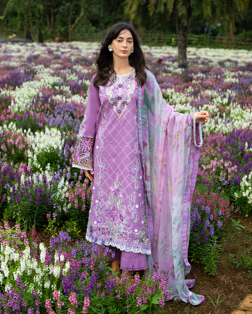 3-PC Unstitched Chikan Embroidered Lawn Hemline By Mushq | Secret Thicket