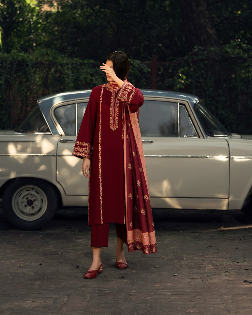 3-PC Stitched Embroidered Shadow Khaddar Drop By Casual Lite  | Wine Red