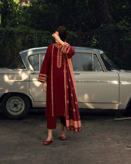 3-PC Stitched Embroidered Shadow Khaddar Drop By Casual Lite  | Wine Red