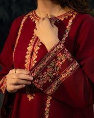 3-PC Stitched Embroidered Shadow Khaddar Drop By Casual Lite  | Wine Red
