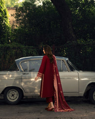 3-PC Stitched Embroidered Shadow Khaddar Drop By Casual Lite  | Wine Red