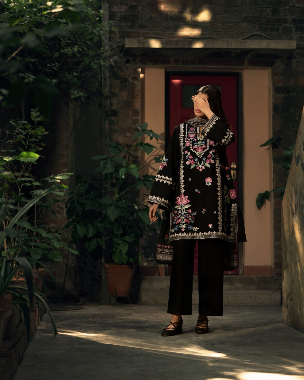 3-PC Stitched Embroidered Shadow Khaddar Drop By Casual Lite  | Night Black