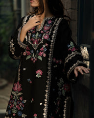 3-PC Stitched Embroidered Shadow Khaddar Drop By Casual Lite  | Night Black