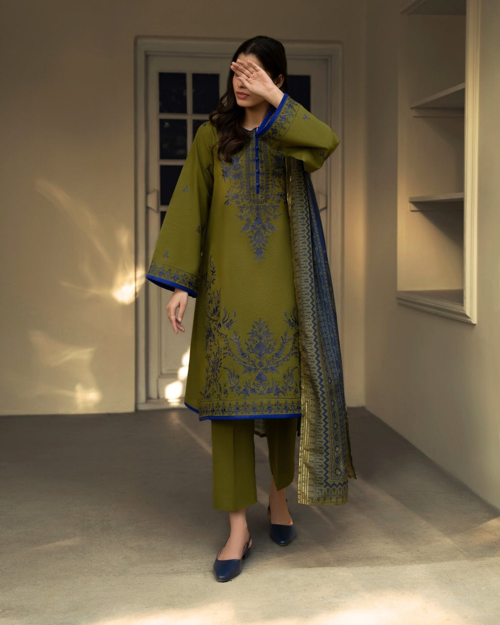 3-PC Stitched Embroidered Shadow Khaddar Drop By Casual Lite  | Green