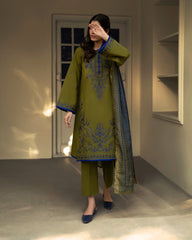 3-PC Stitched Embroidered Shadow Khaddar Drop By Casual Lite  | Green