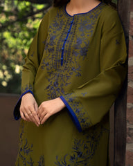 3-PC Stitched Embroidered Shadow Khaddar Drop By Casual Lite  | Green