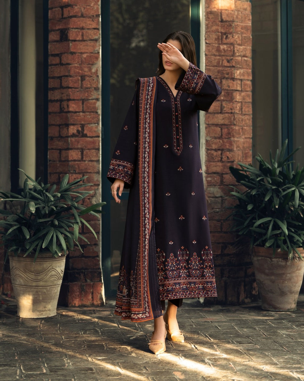 3-PC Stitched Embroidered Shadow Khaddar Drop By Casual Lite  | Navy Blue