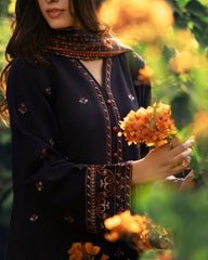 3-PC Stitched Embroidered Shadow Khaddar Drop By Casual Lite  | Navy Blue