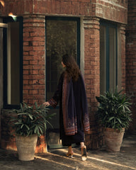 3-PC Stitched Embroidered Shadow Khaddar Drop By Casual Lite  | Navy Blue