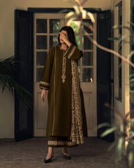 3-PC Stitched Embroidered Shadow Khaddar Drop By Casual Lite  | Mehndi