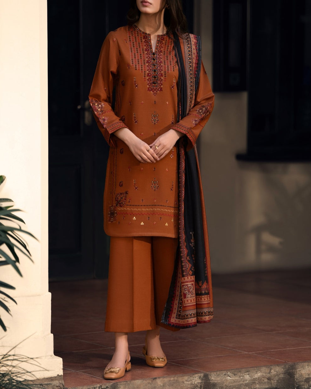 3-PC Stitched Embroidered Shadow Khaddar Drop By Casual Lite  | Rust