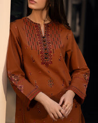 3-PC Stitched Embroidered Shadow Khaddar Drop By Casual Lite  | Rust