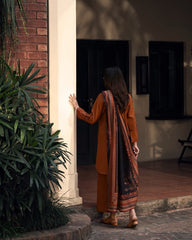 3-PC Stitched Embroidered Shadow Khaddar Drop By Casual Lite  | Rust