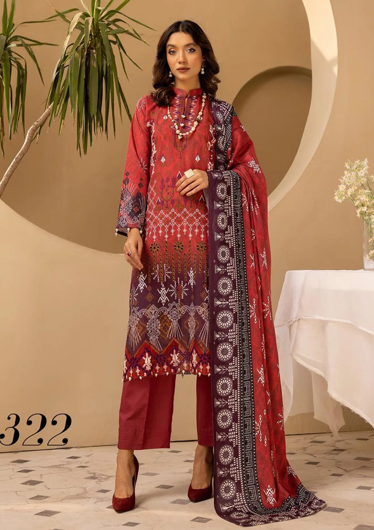 D-322 | 3 PC - Unstitched Khaddar Embroidery Mannat By Shaista