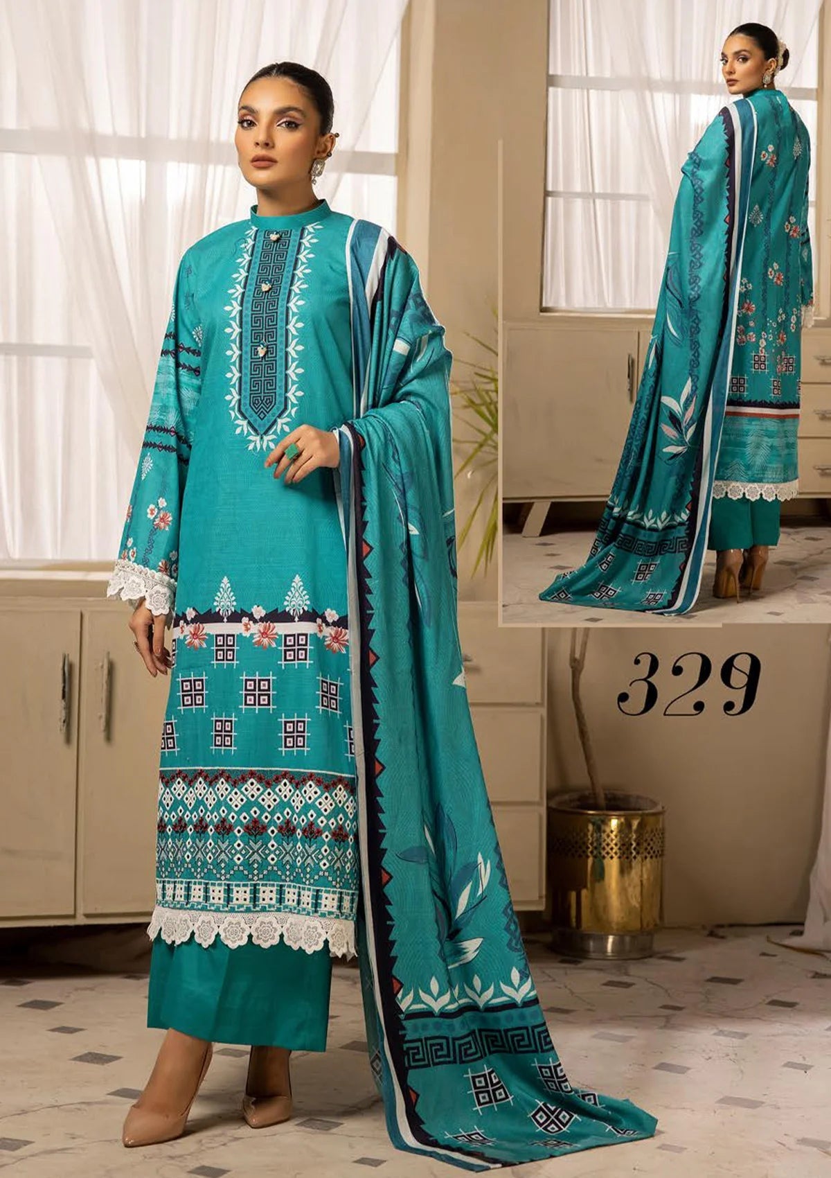 D-329 | 3 PC - Unstitched Khaddar Embroidery Mannat By Shaista