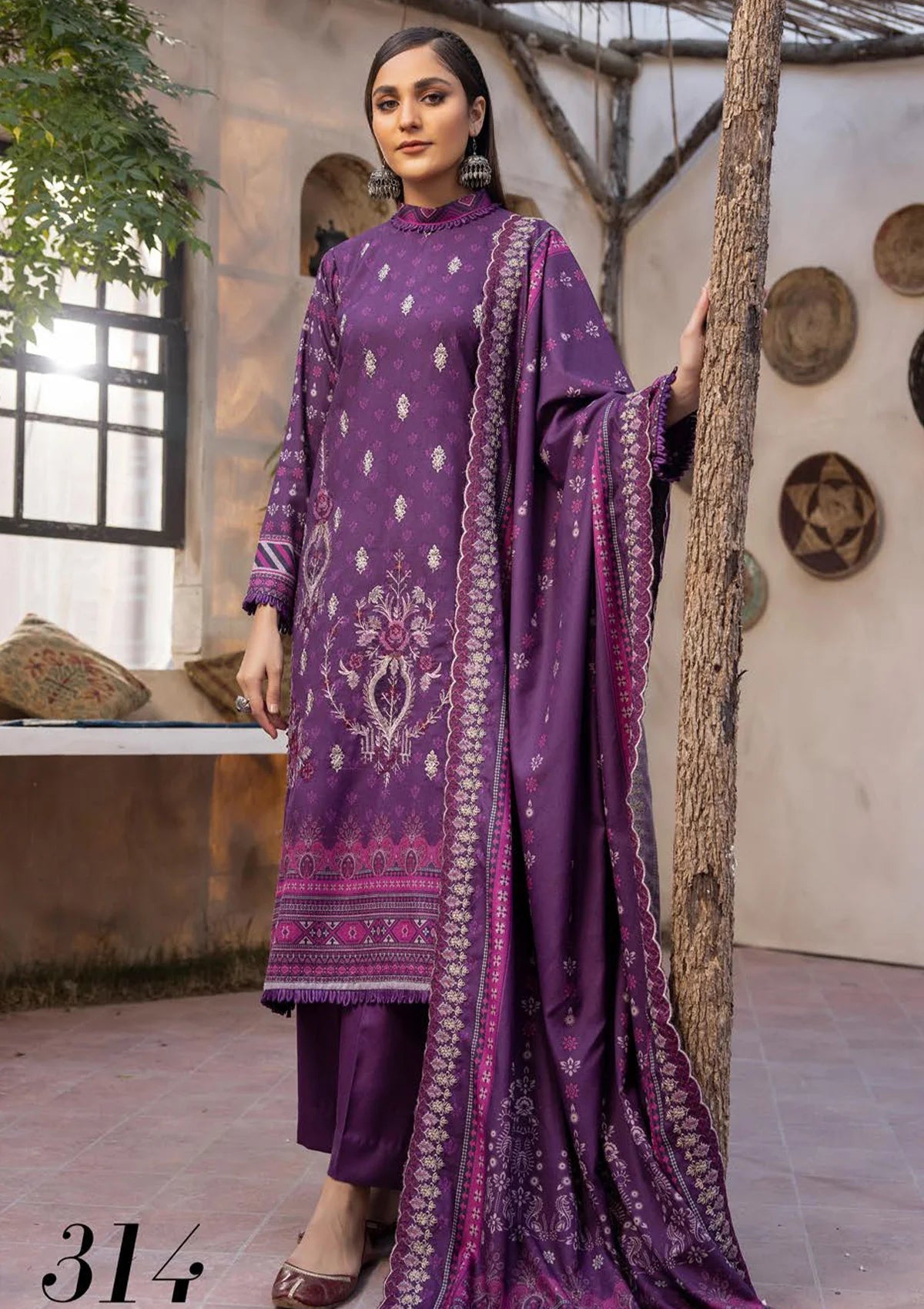 D-314 | 3 PC - Unstitched Dhanak Embroidery Rose By Shaista