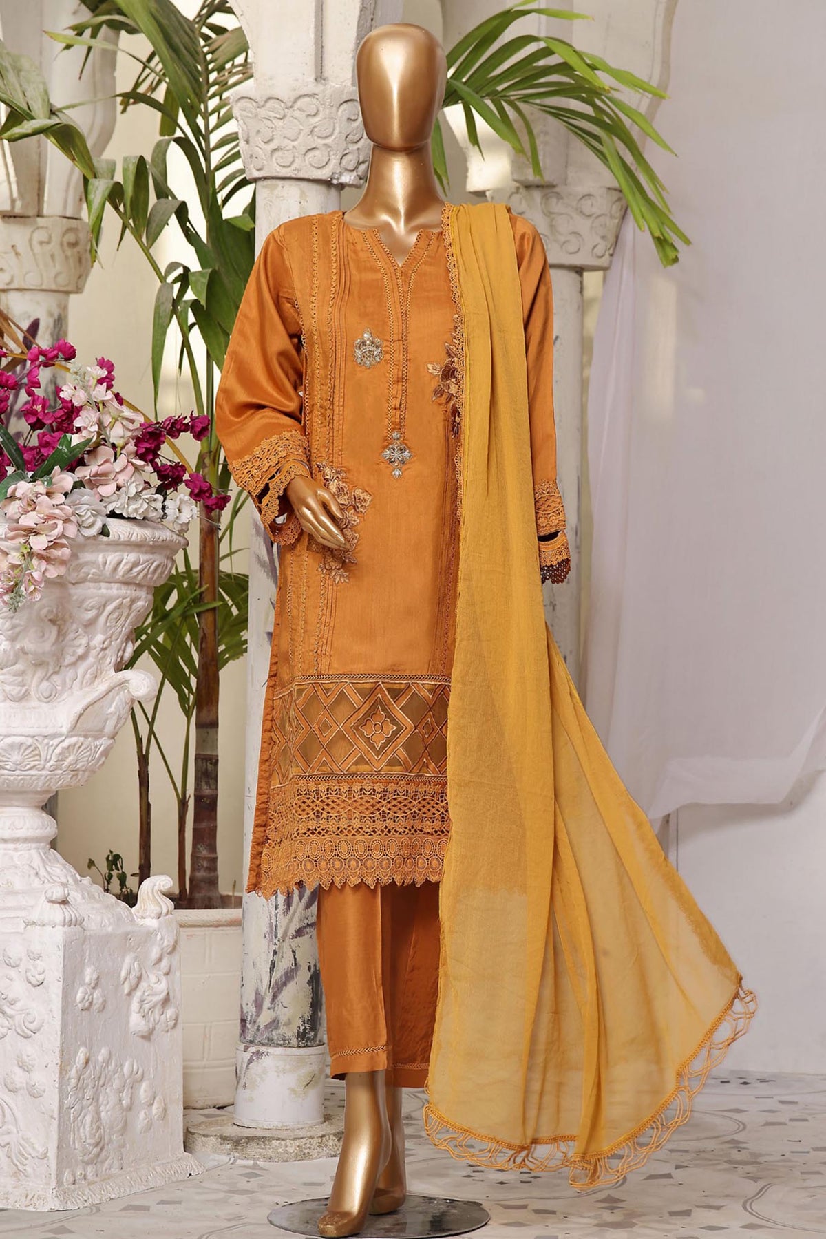 01-VCK-Golden | 3PC Stitched Luxury Viscose Lawn Rania By Sada Bahar