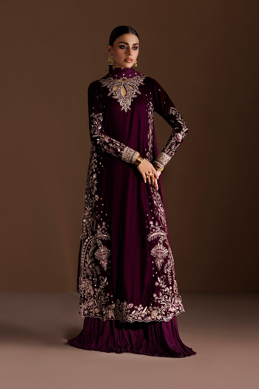 Dyed Plain Embroidered Velvet 3pcs Suit By IZNIK