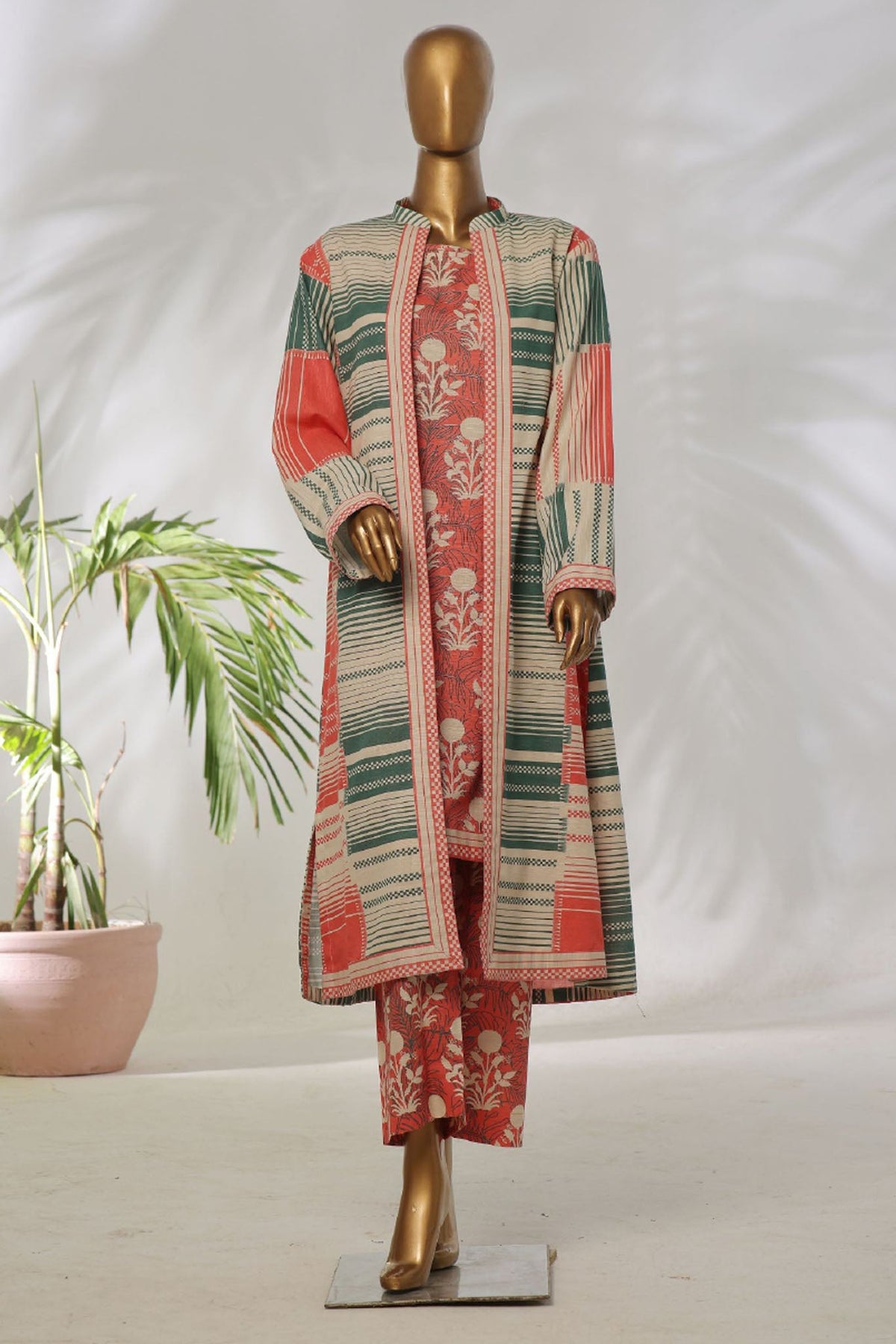 WK-1291-Orange | 3Pc Stitched Suit Printed Khaddar Jacket Collection Fusion By Bin Saeed