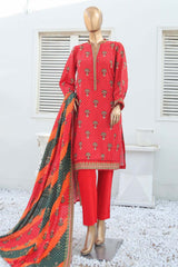 Bin Saeed Stitched 3 Piece Printed Khaddar Collection'2023-WKF-015-Red