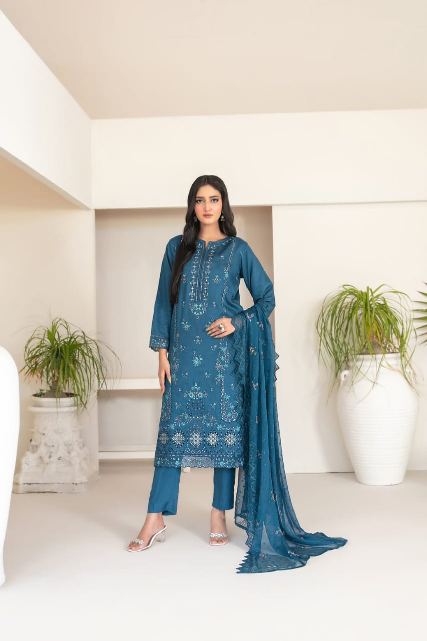 3-PC Unstitched Fancy Embroidered Viscose Najwa By Tawakkal Fabrics | D-4394