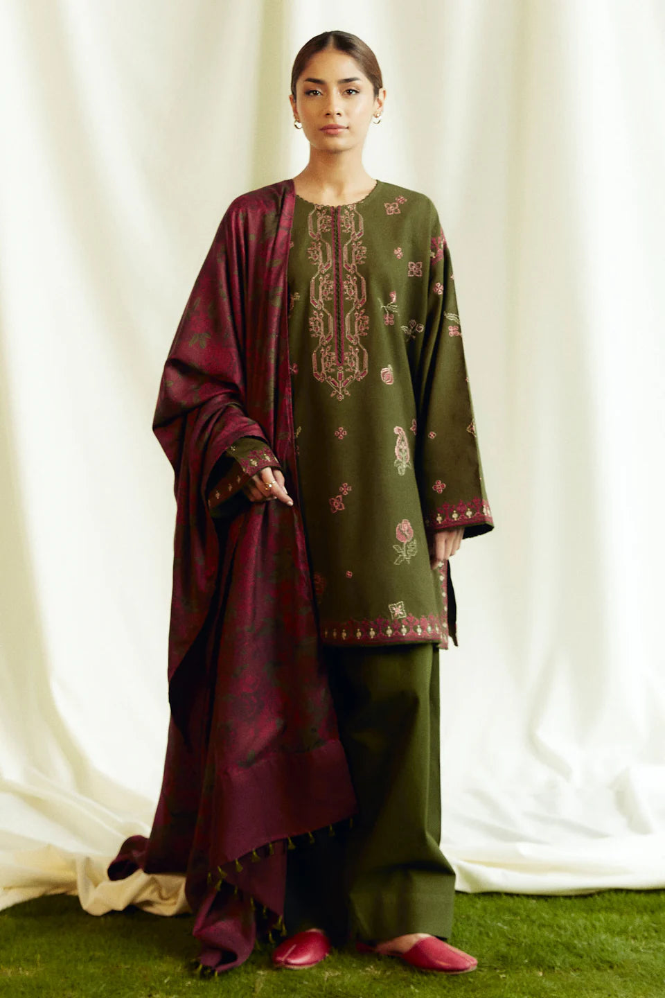 Amethyst-8B | 3Pc Unstitched Suit Winter Embroidered Khaddar Coco By Zara Shahjahan