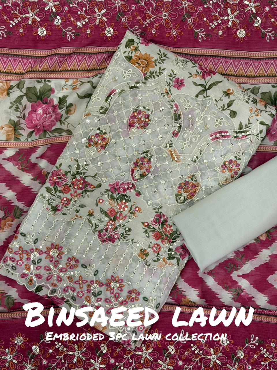 3-PC Unstitched Embroidered Lawn By Bin Saeed | BS-12
