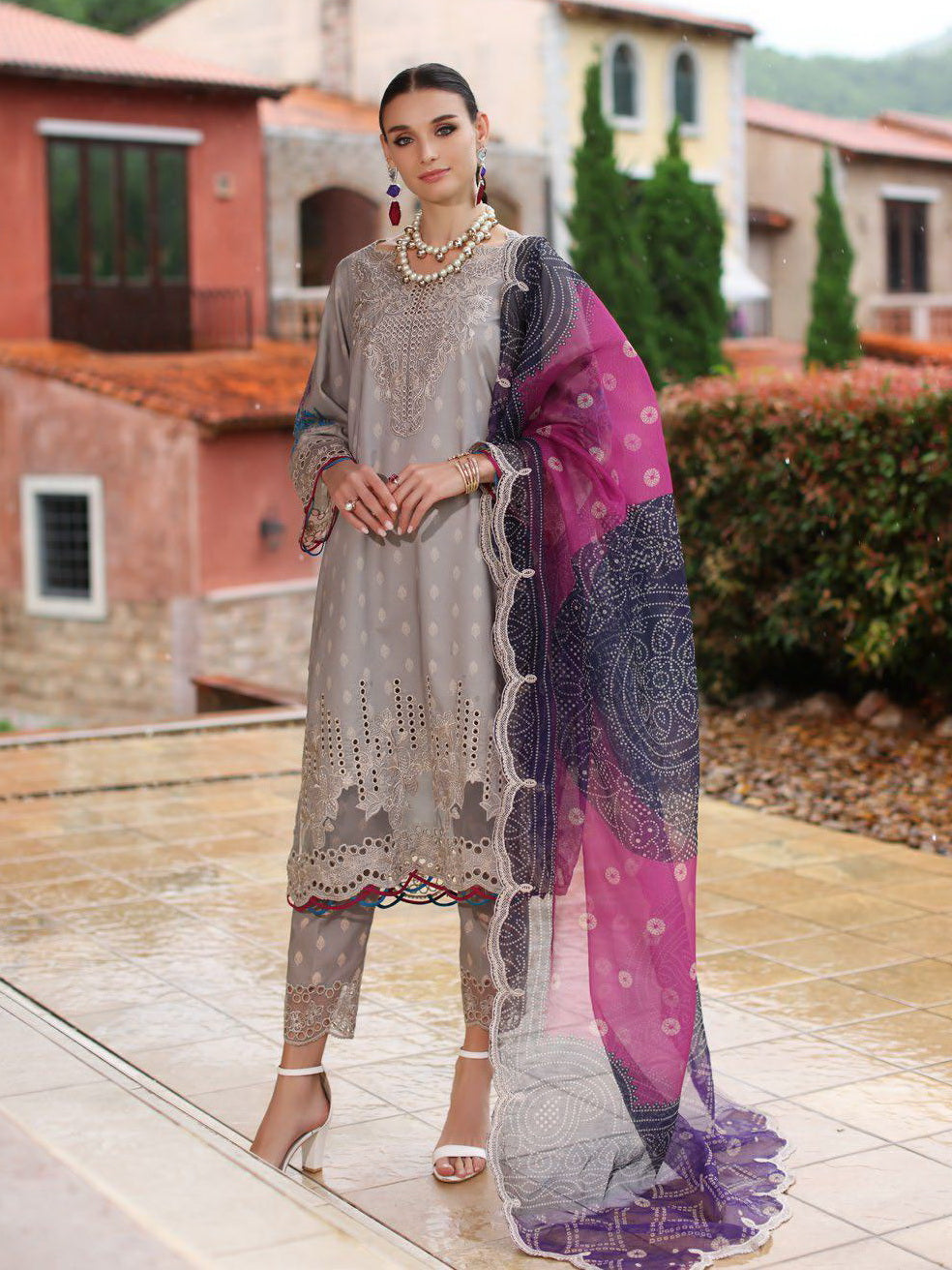 SH5-08 | 3Pc Unstitched Suit Embroidered Printed Chunri Edition Sheen By Charizma