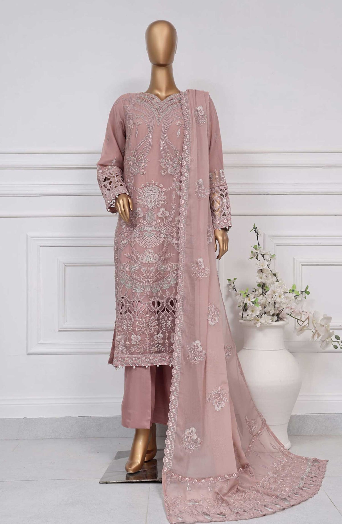 KR -02 A - Light Pink | 3Pc Stitched Suit Embroidered Chiffon Festive Collection Afsanay by Sadabahar