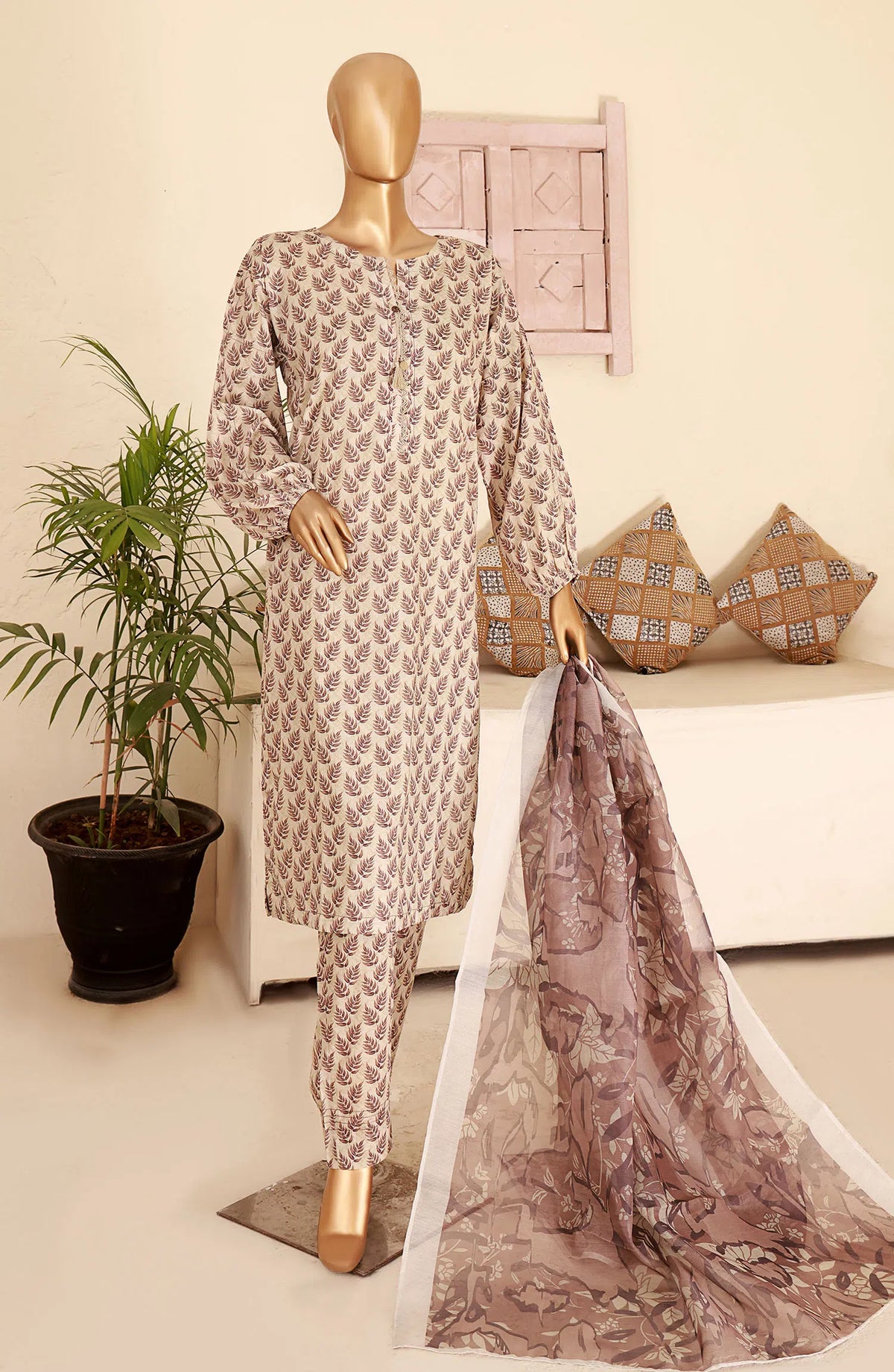 PCD 410 Cream Beige | 3PC Stitched Printed Co Ords Lawn Kaavish By HZ Textiles