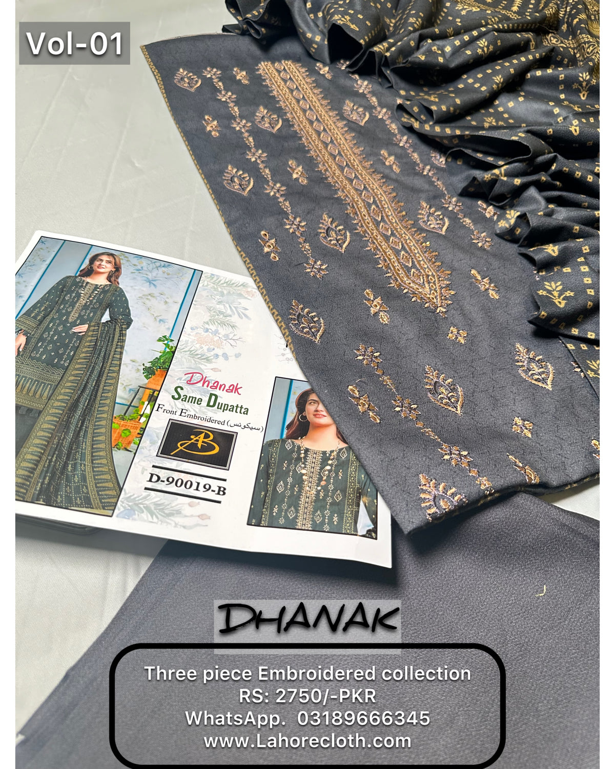 3Pc Unstitched Ladies Suit - Embroidered Collection Dhanak By Lahore Cloth