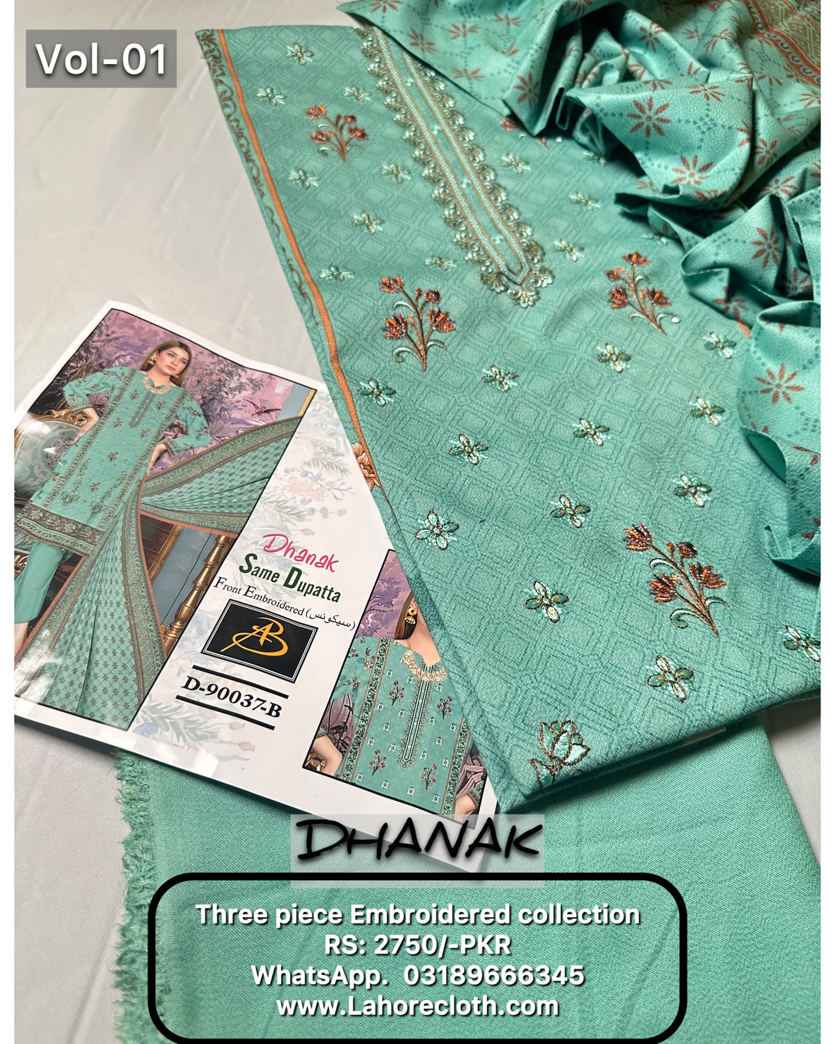 3Pc Unstitched Ladies Suit - Embroidered Collection Dhanak By Lahore Cloth