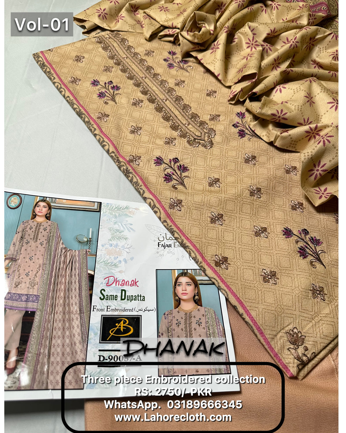 3Pc Unstitched Ladies Suit - Embroidered Collection Dhanak By Lahore Cloth