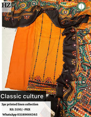 Classic Culture - 3Pc Unstitched Ladies Suit - Printed Linen Collection