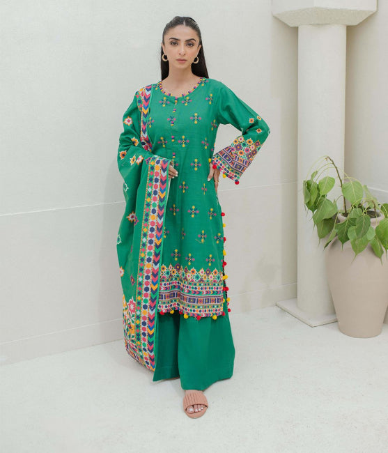 Embroidered Shirt Shalwar Dupatta - Green - Khaddar Suit - 0690