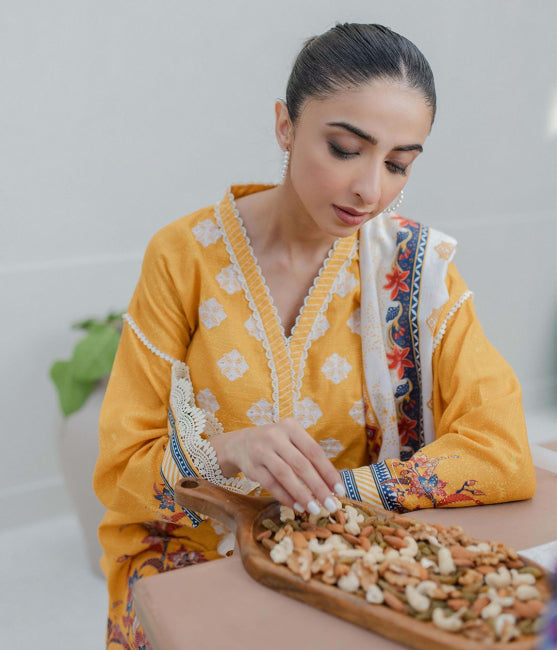 Embroidered Shirt Shalwar Dupatta - Mustard - Khaddar Suit - 0692